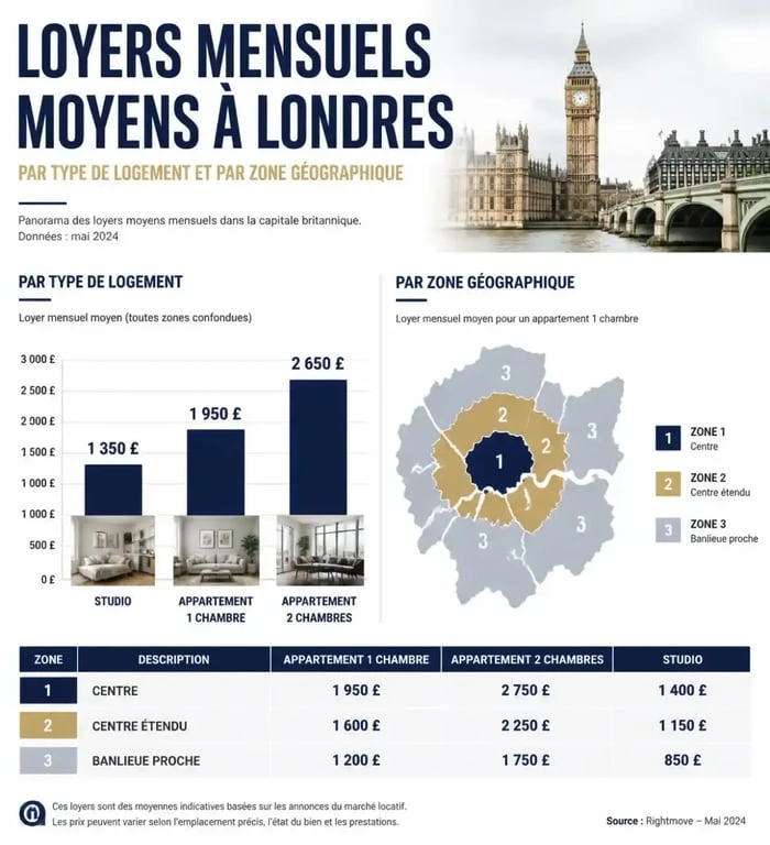 Comparatif des loyers mensuels moyens à Londres par type de logement et quartier pour votre projet de location.