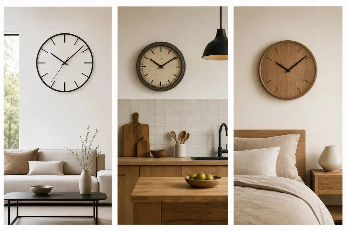 Pendule murale dans plusieurs ambiances déco : design, vintage et bois pour comparer les styles