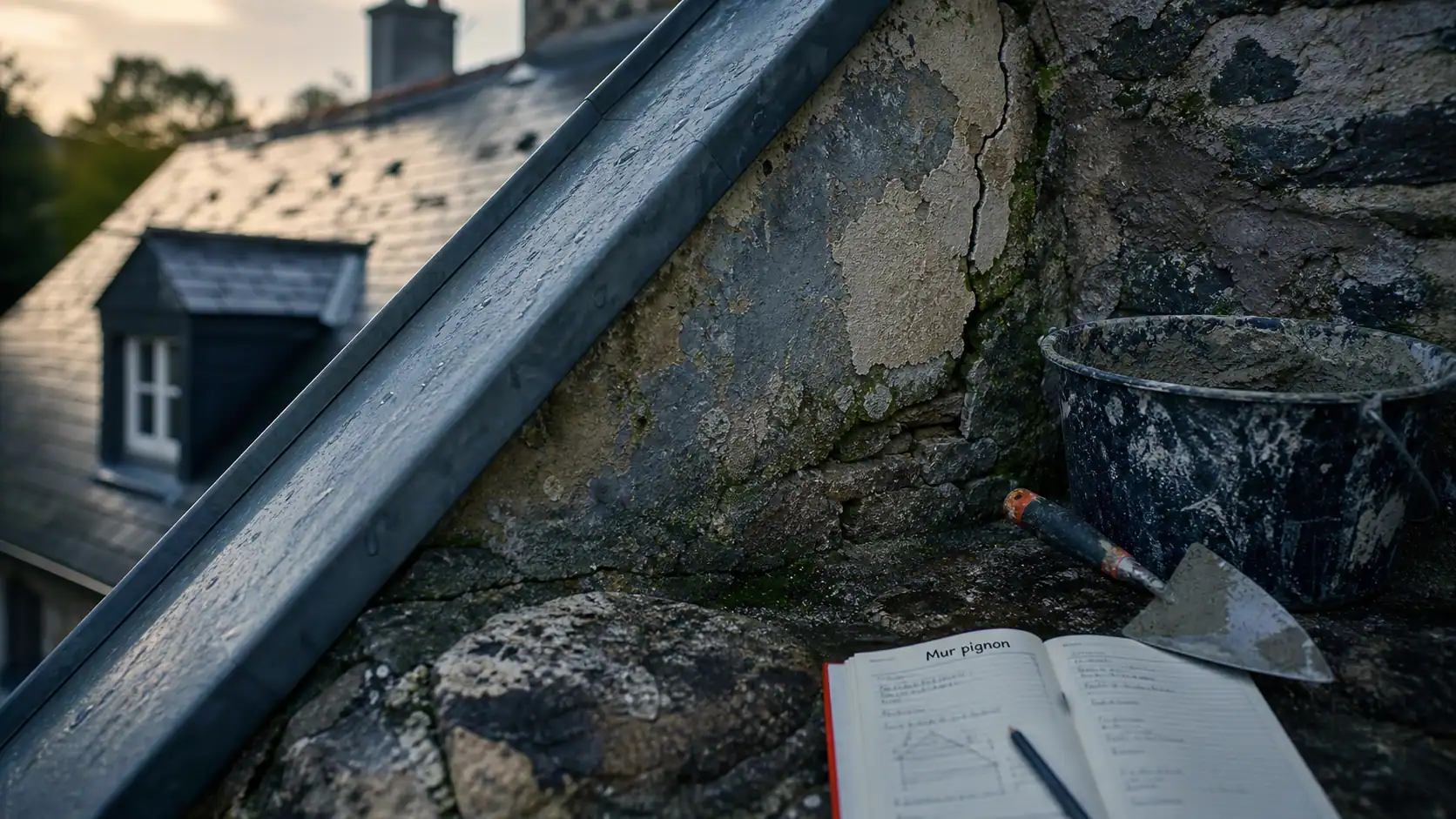 Mur pignon fissuré et infiltré sur mur en pierre avec enduit cloqué