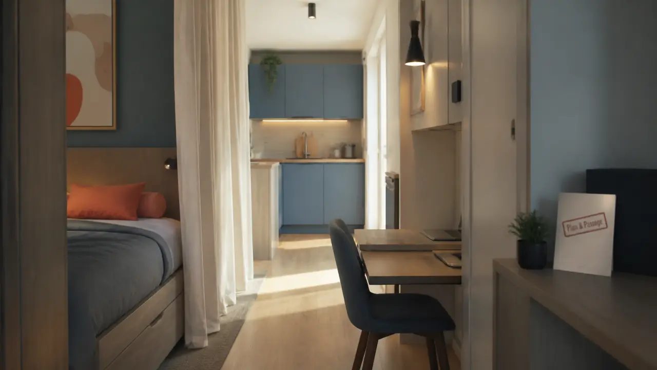 Aménagement petit studio : passage 70 cm, séparations légères, mobilier compact