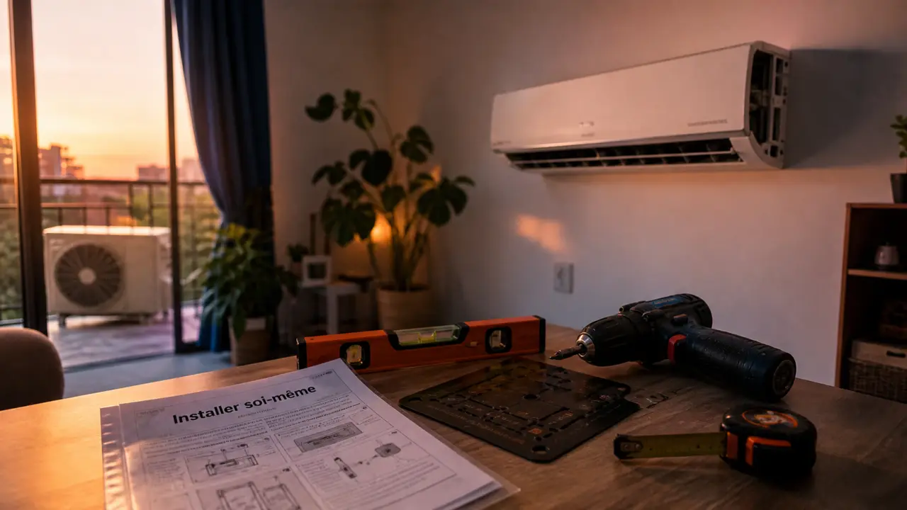 Climatiseur à installer soi même, prêt à poser, outils de perçage et niveau