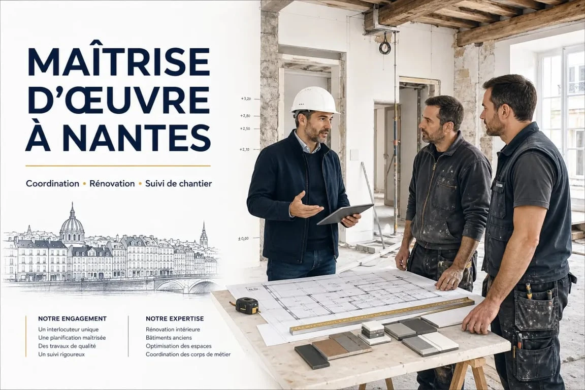 Maître d’œuvre Nantes sur un chantier de rénovation avec plans et artisans