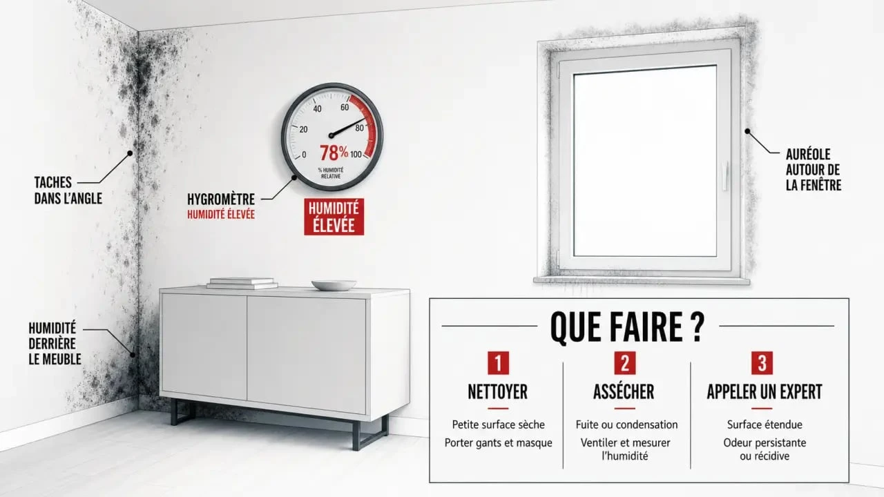 Identification moisissures bâtiment : signes visuels, odeur et humidité dans une pièce touchée