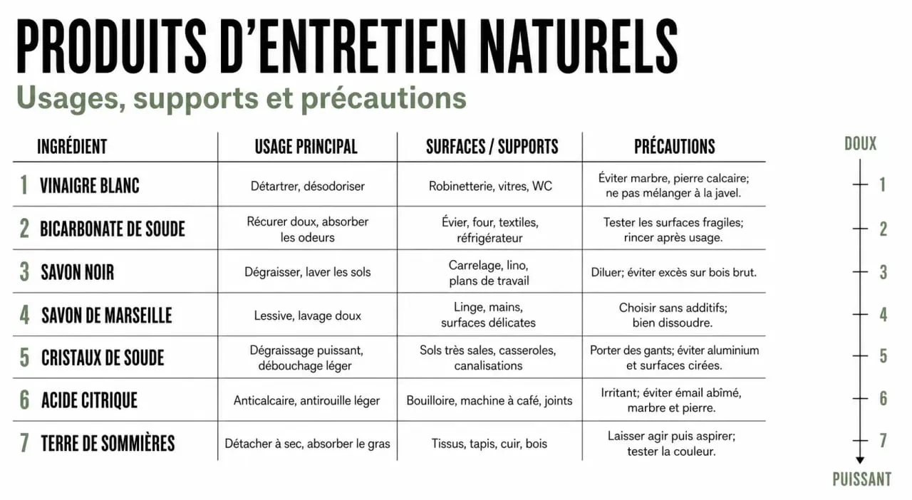Produit entretien maison naturel : comparaison des ingrédients naturels et de leurs usages au quotidien