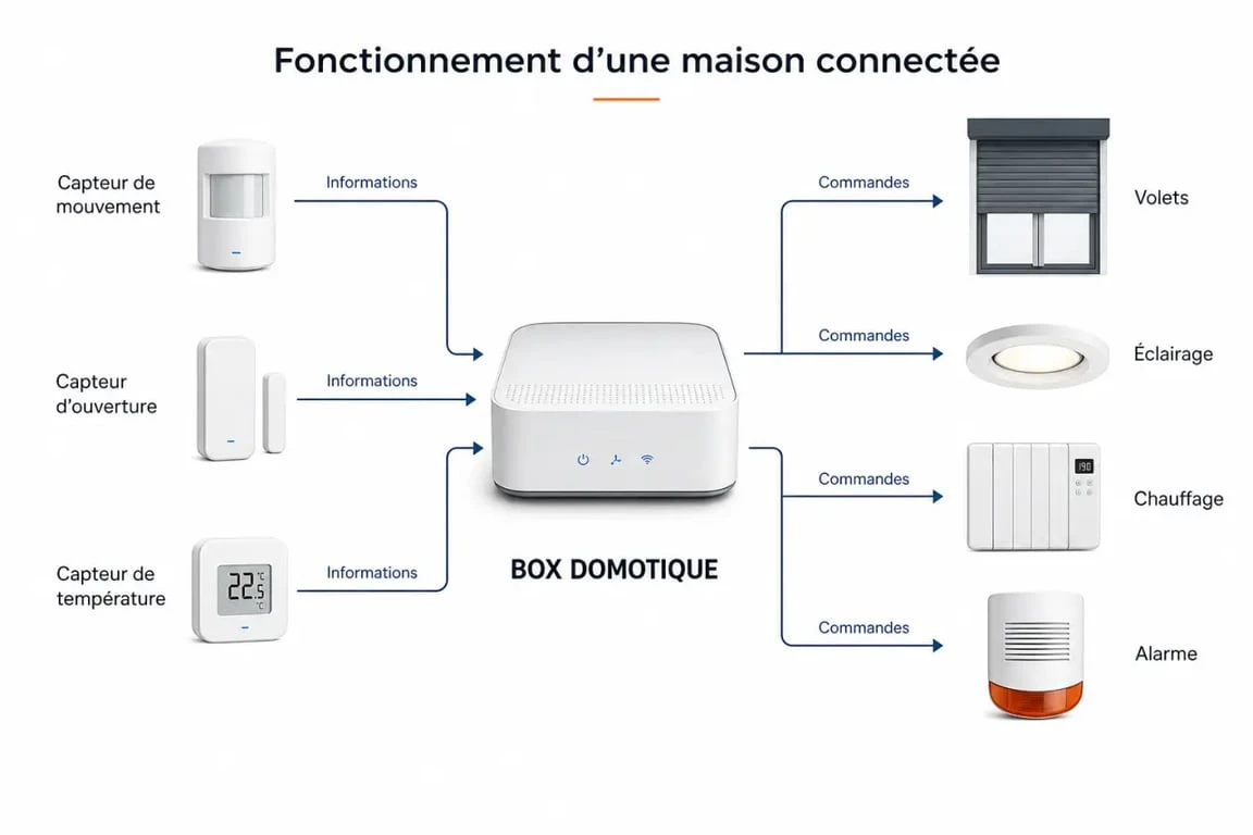 Schéma du fonctionnement d’une box domotique avec capteurs et actionneurs dans une maison connectée