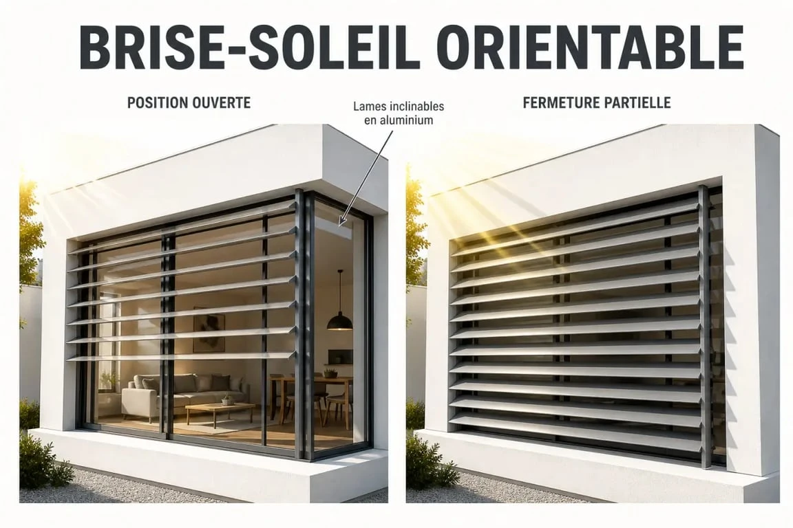 Brise soleil orientable sur façade de maison avec lames inclinées et lumière tamisée