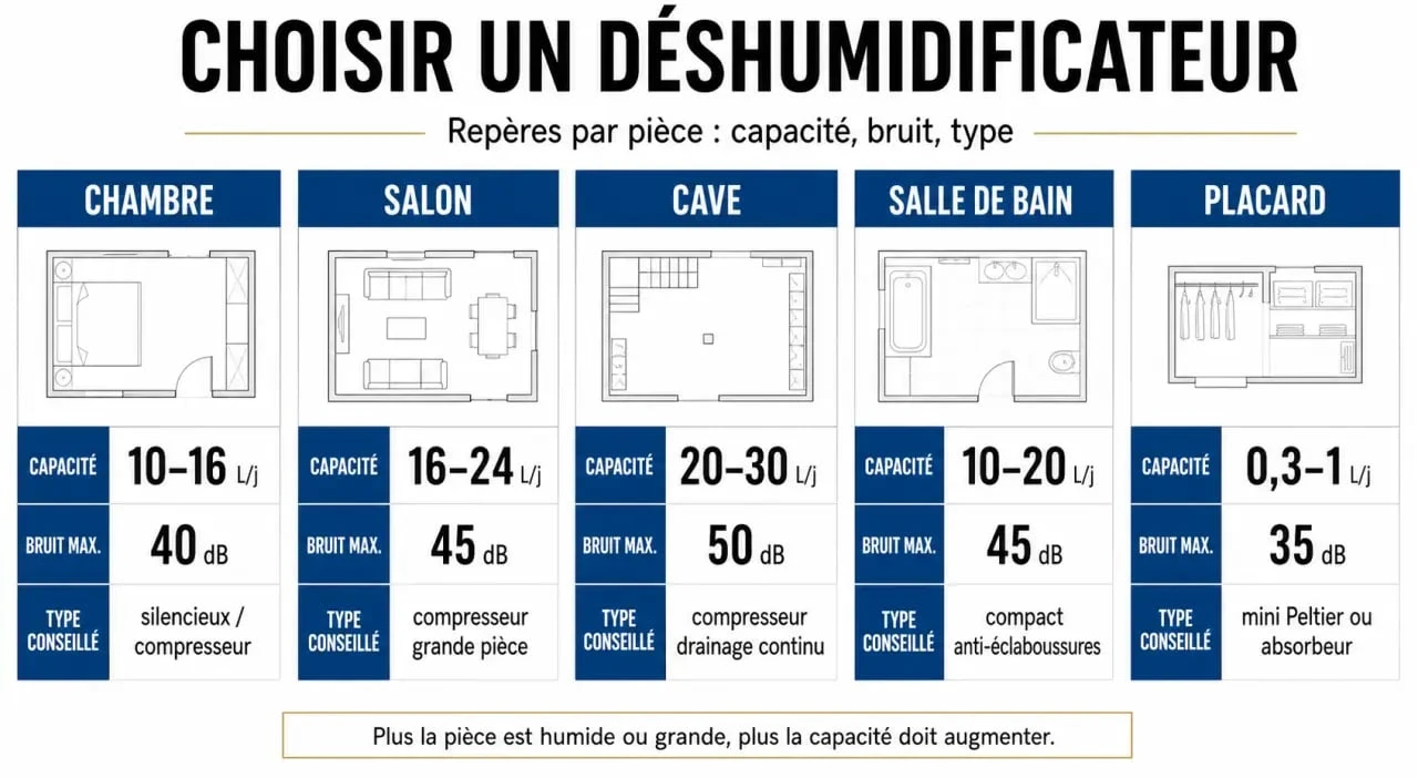 test déshumidificateur que choisir : aide visuelle pour choisir selon la pièce, la capacité et le bruit