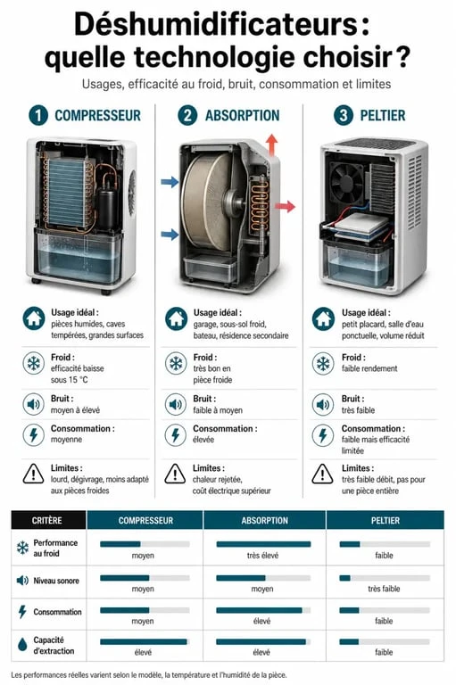 test déshumidificateur que choisir : comparaison visuelle des technologies compresseur, absorption et Peltier