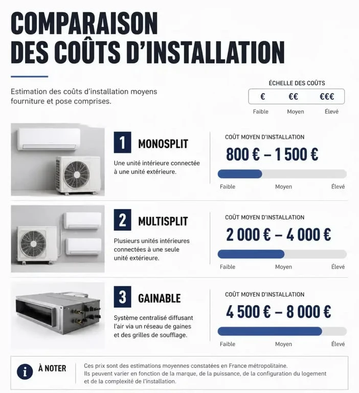 Comparatif des prix d'installation d'une climatisation réversible selon le modèle