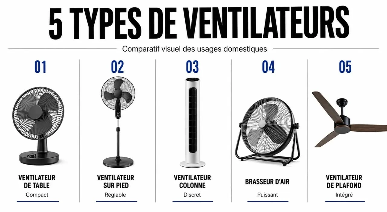 Ventilateur lequel choisir : comparaison visuelle des types de ventilateurs pour aider à choisir selon la pièce et l’usage