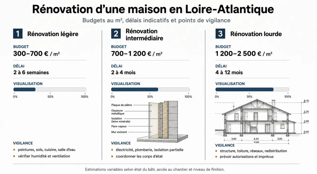 Infographie rénovation maison Loire-Atlantique : budgets, délais et niveaux de travaux