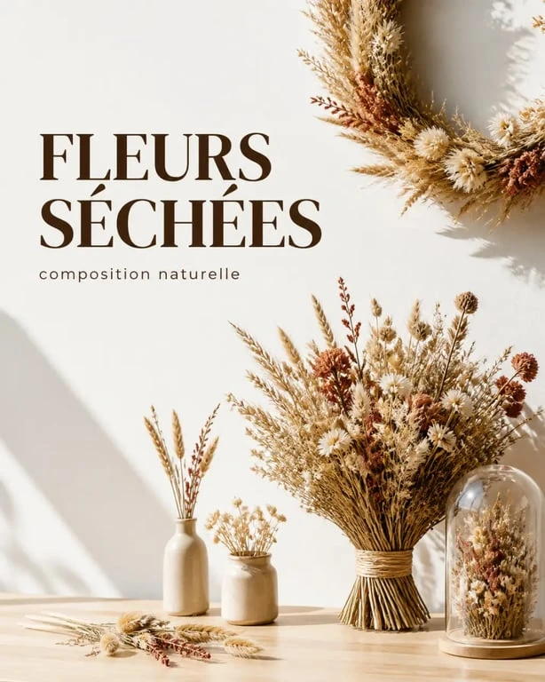 fleurs séchées nantes : bouquet champêtre, couronne murale et cloche fleurie en décoration