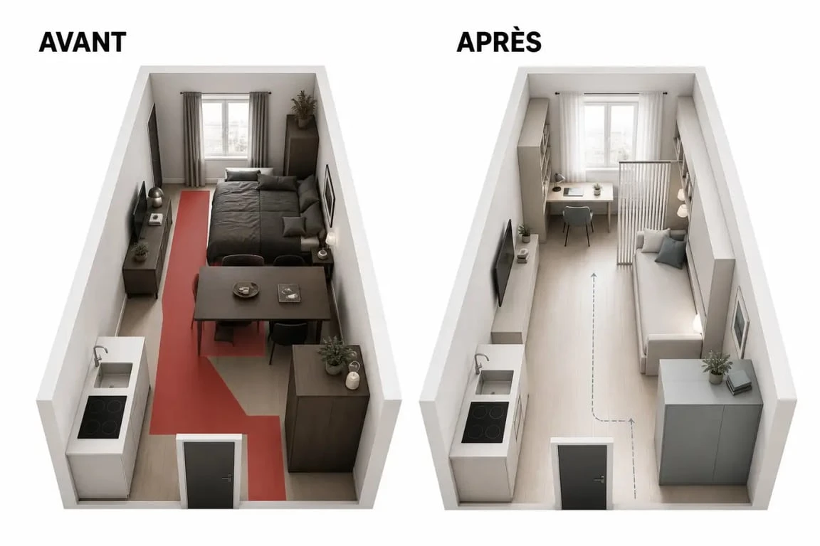 Aménagement petit studio avant/après montrant la transformation d’un espace encombré en studio lumineux et fonctionnel