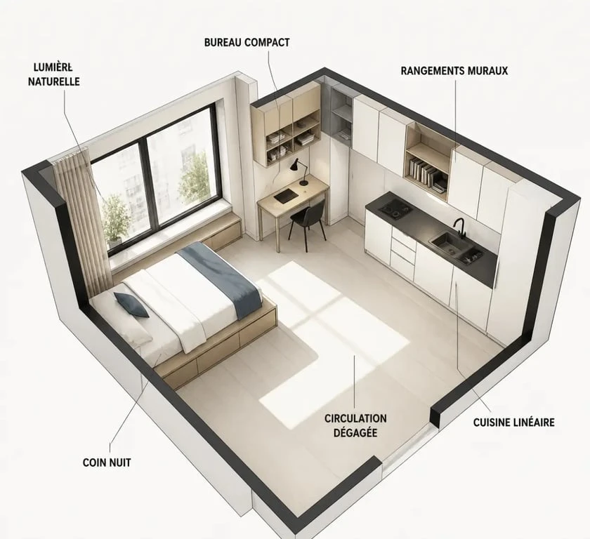Aménagement petit studio en vue d’ensemble avec coin nuit, cuisine, bureau et rangements bien organisés