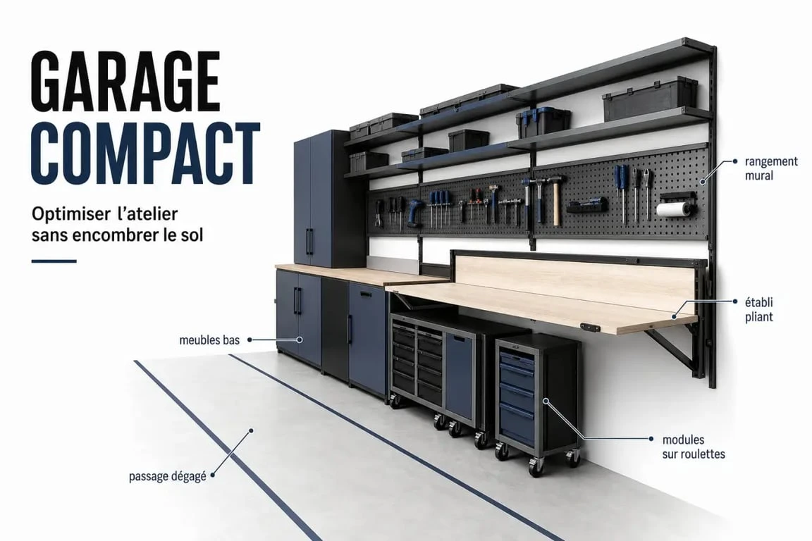 Aménagement atelier compact dans un garage avec mobilier modulable