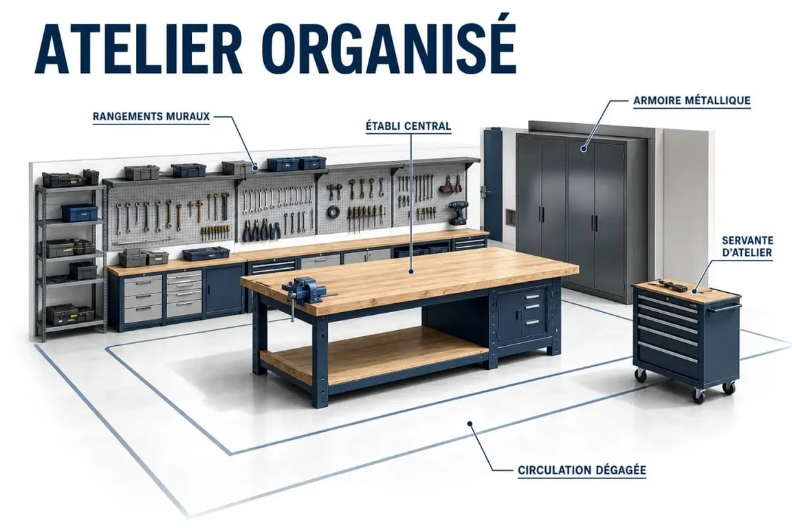 Aménagement atelier avec zones distinctes et circulation dégagée