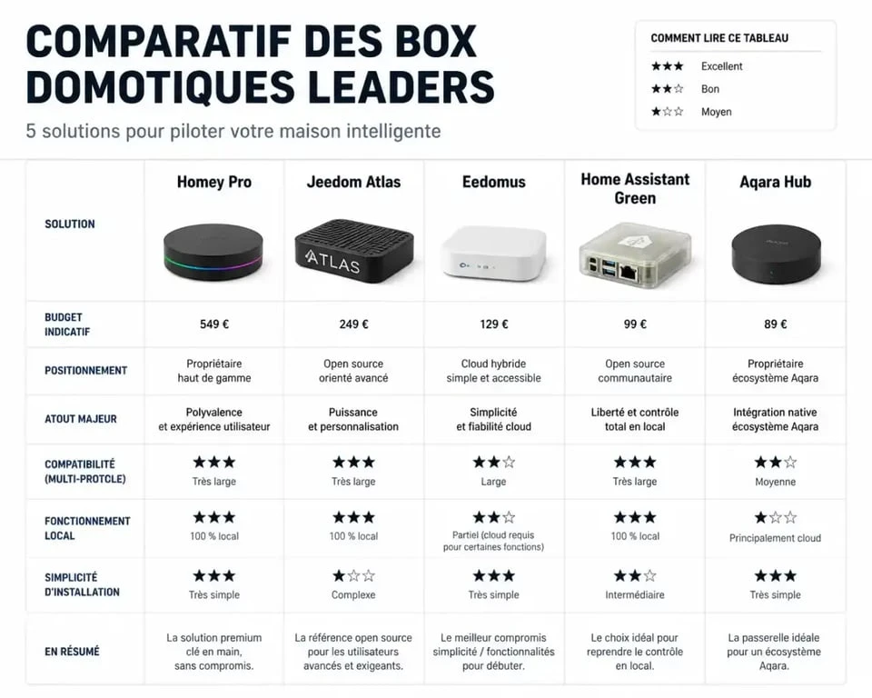 Comparateur box domotique présentant les meilleures box domotiques et leurs budgets, compatibilités et points forts