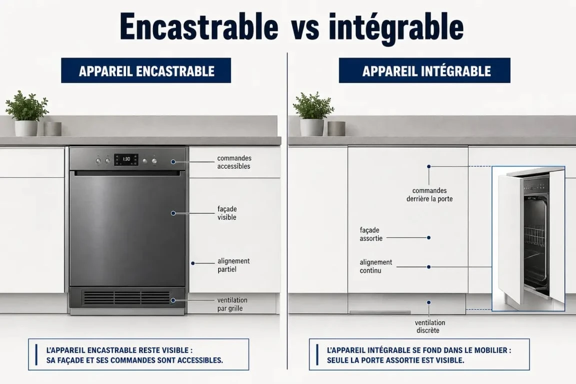 Différence entre encastrable et intégrable illustrée dans une cuisine moderne