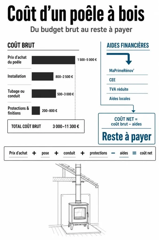 Poêle à bois cout : répartition du budget entre achat, installation, tubage et aides