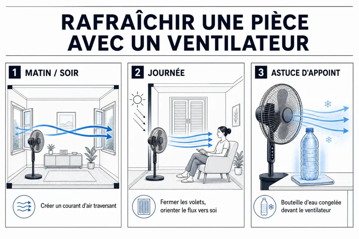 Comment rafraîchir une pièce avec un ventilateur : schéma des placements efficaces et du courant d’air