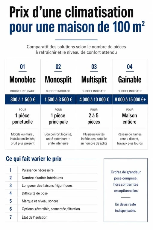 Prix climatisation maison 100m2 : infographie comparative des systèmes et budgets