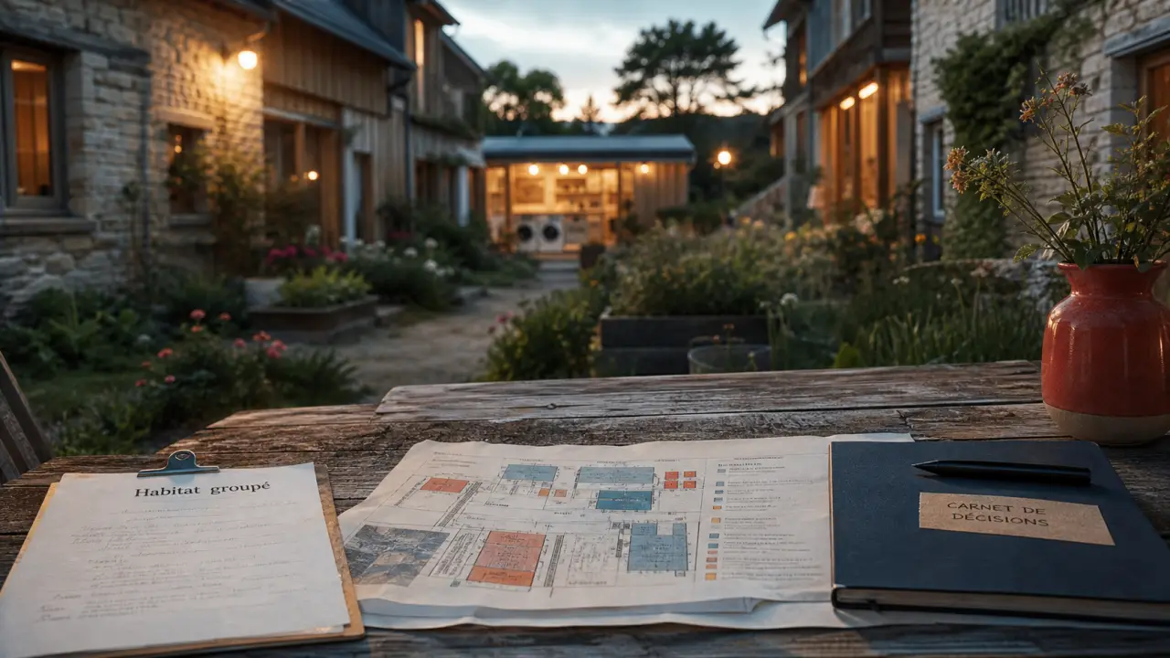 Habitat groupé : charte sur une table et jardin partagé
