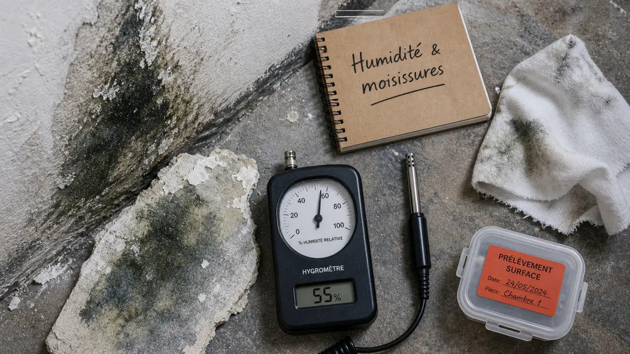 Identification moisissures bâtiment : taches noir-vert et test d’humidité sur mur humide