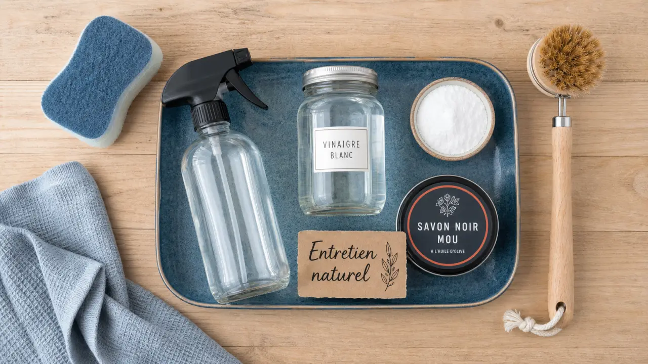 Produit entretien maison naturel : vinaigre, bicarbonate et savon pour surfaces