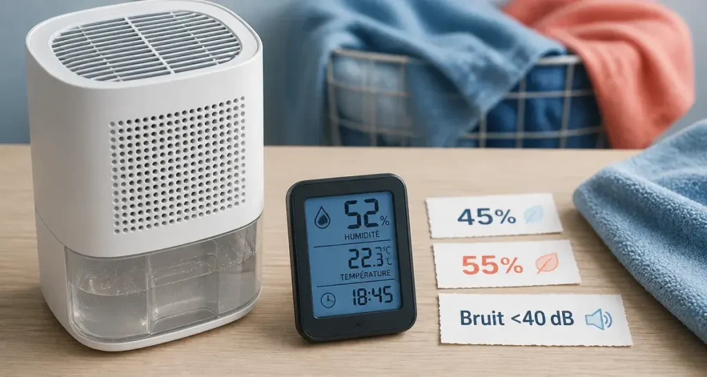 Test déshumidificateur que choisir : bruit et litres par jour (hygromètre visible)