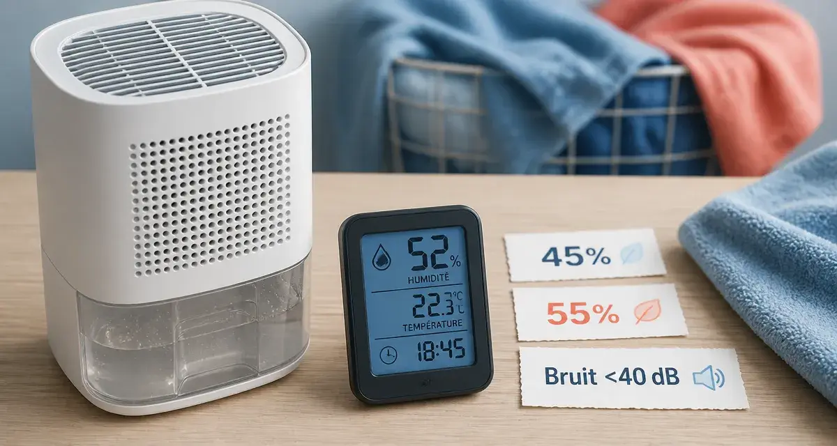 Test déshumidificateur que choisir : bruit et litres par jour (hygromètre visible)