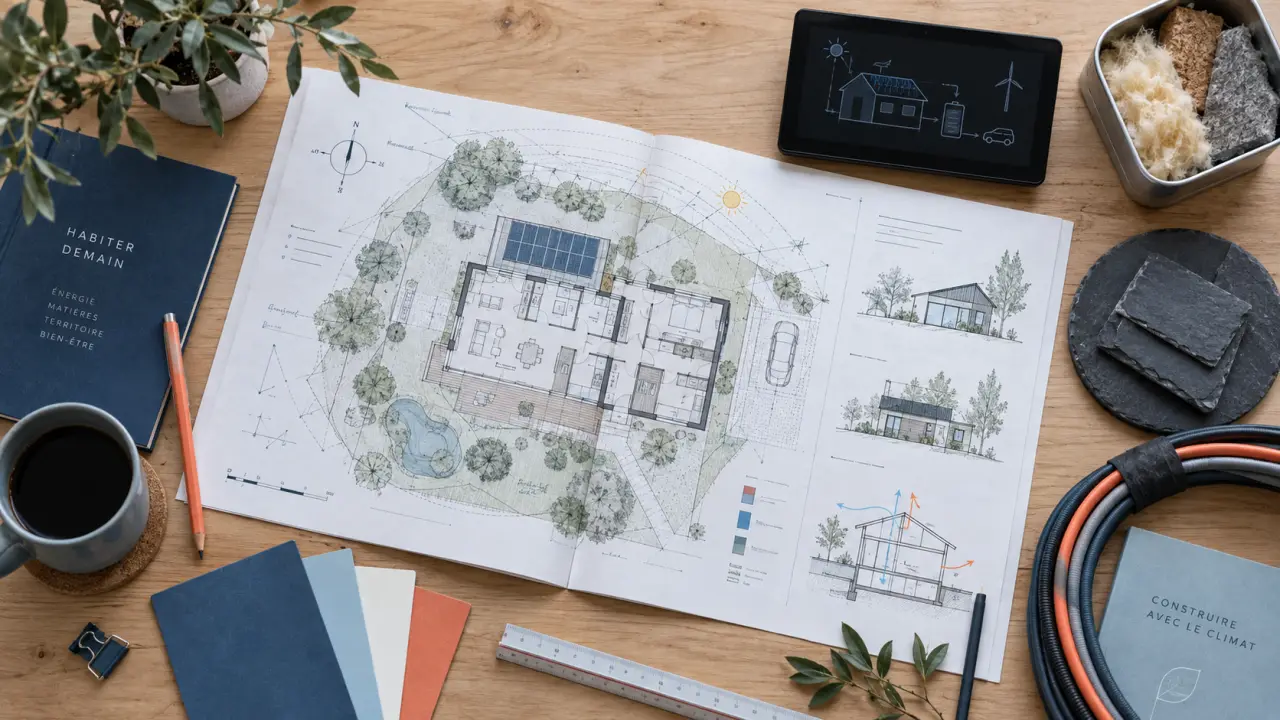 Plan constructeur maison autonome bioclimatique et isolation, vue d’implantation