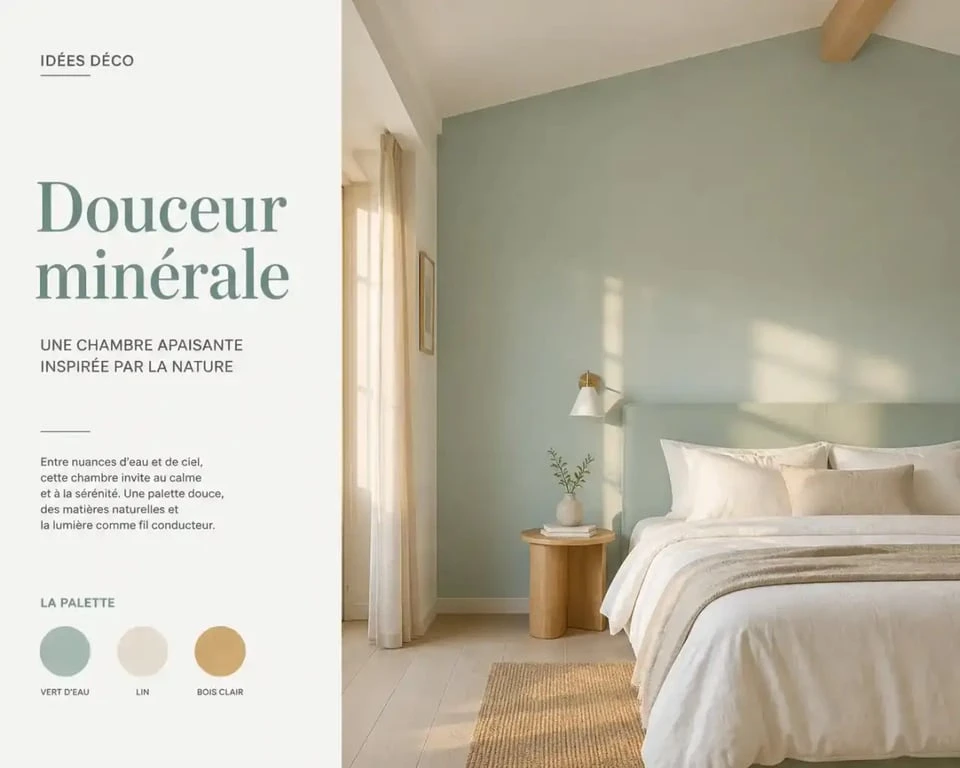 Chambre aux murs couleur vert d'eau avec tête de lit et lumière naturelle