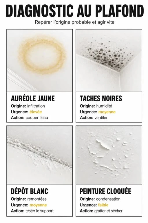 Trace humidité plafond : comparaison visuelle des causes possibles et des premiers gestes