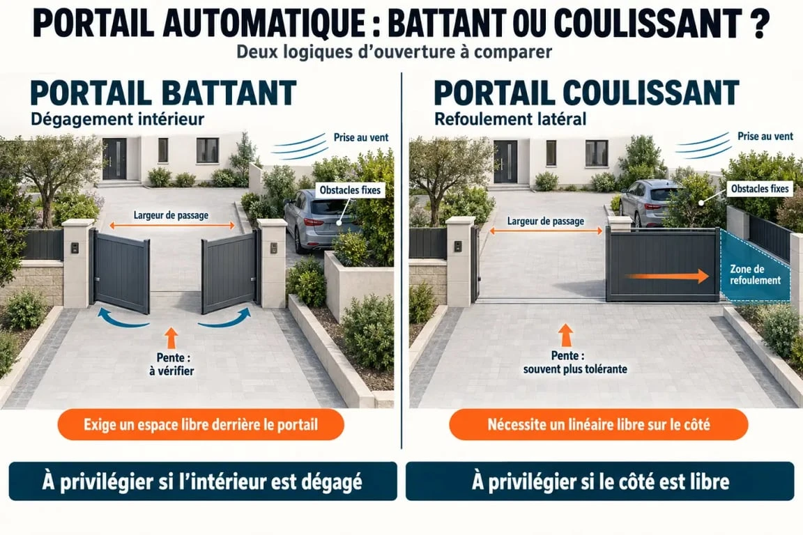 Portails automatiques battant et coulissant adaptés à différentes contraintes de terrain