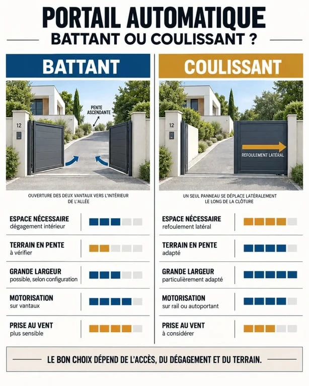 Infographie comparative des portails automatiques battants et coulissants selon l'espace et la configuration du terrain