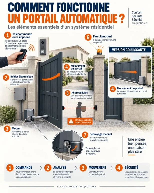 Schéma du fonctionnement et des dispositifs de sécurité d'un portail automatique