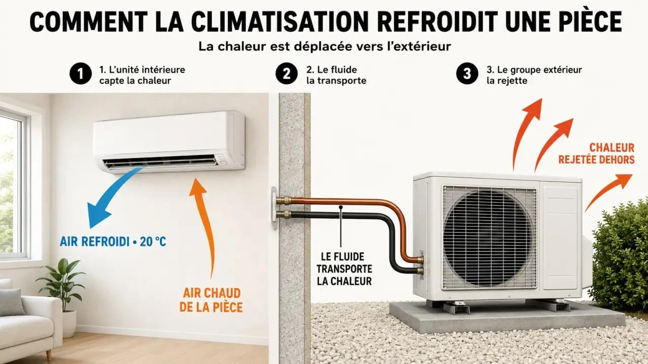 Pourquoi ma clim ne fait plus de froid : schéma du trajet de la chaleur entre l’unité intérieure et le groupe extérieur