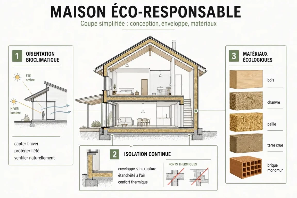 Maison éco responsable : orientation bioclimatique, isolation et matériaux écologiques