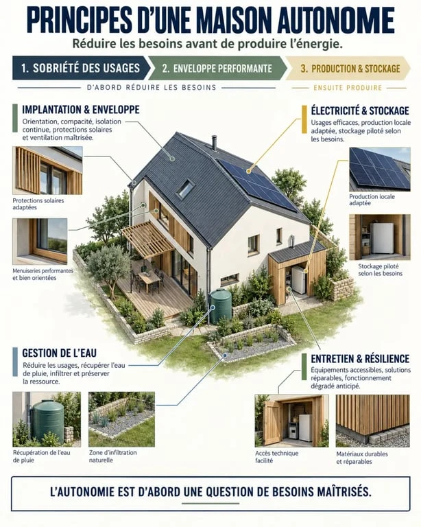 Infographie sur les principes d’un constructeur de maison autonome et la coordination du bâti, de l’énergie et de l’eau
