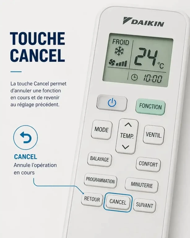 Utilisation de la touche Cancel sur une télécommande pour diagnostiquer une clim Daikin qui s'allume mais ne fonctionne pas