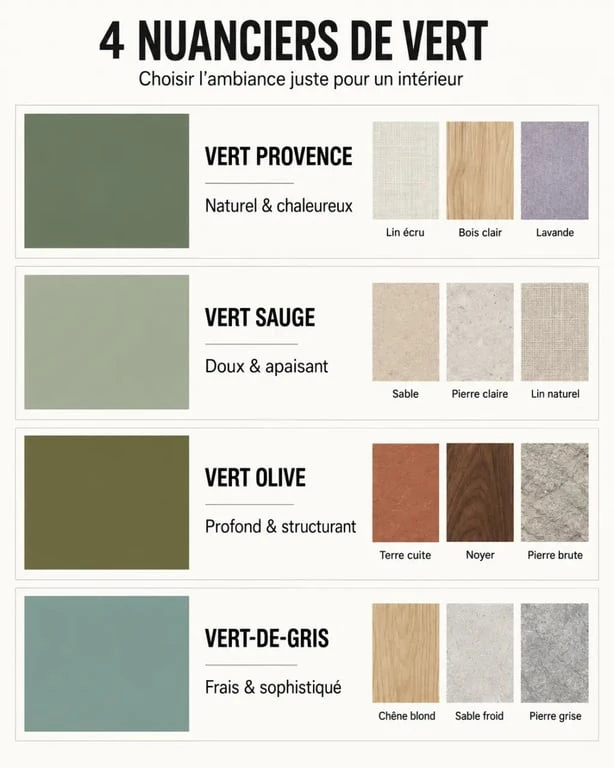 Infographie comparative du vert provencale, du vert sauge, du vert olive et du vert-de-gris en décoration
