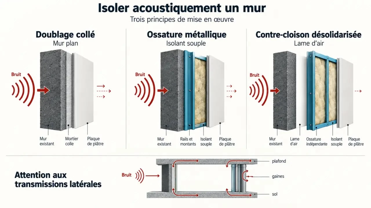 Schéma des solutions pour isoler acoustiquement un mur avec doublage, ossature et contre-cloison