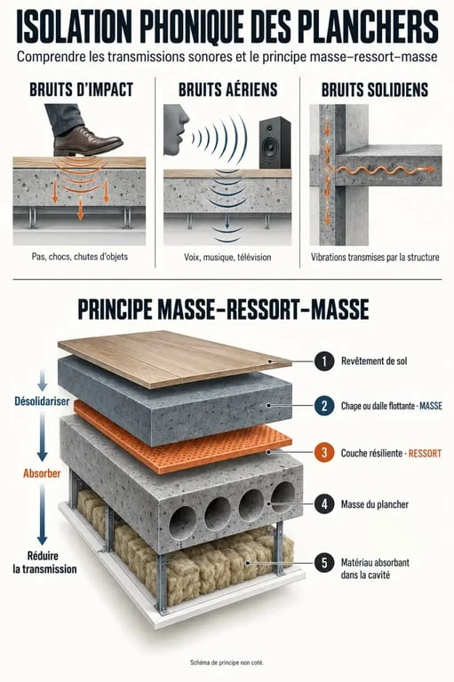 Infographie sur l’isolant phonique pour plancher et les différents types de bruits