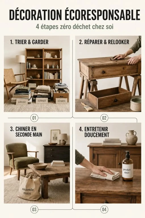 Comment créer une décoration écoresponsable et zéro déchet chez soi : schéma des étapes trier, réparer, acheter d’occasion et entretenir