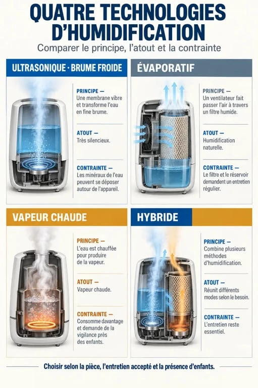 Meilleur humidificateur d’air : comparaison visuelle des technologies ultrasonique, évaporative, vapeur chaude et hybride