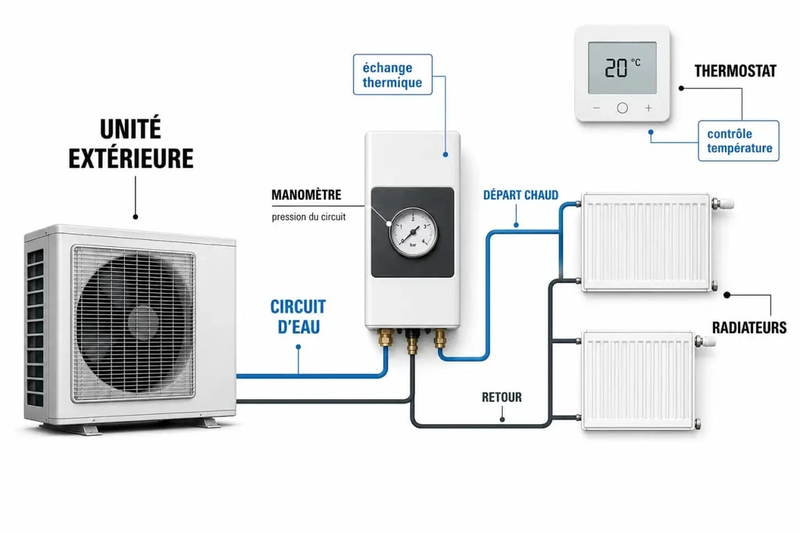 Ma pompe à chaleur air-eau tourne mais ne chauffe pas : schéma simplifié des points de contrôle