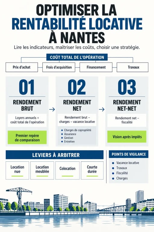 Infographie sur la rentabilité locative d’un investissement immobilier nantais, du rendement brut au rendement net-net