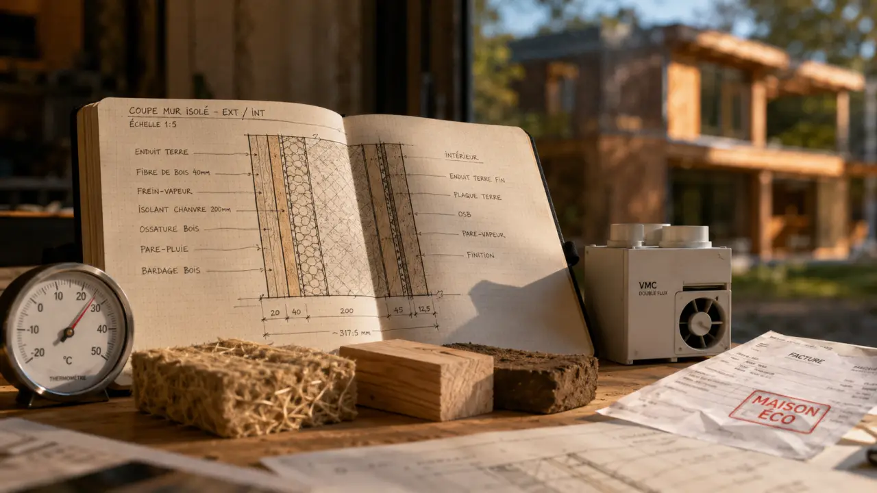 Maison éco responsable : isolation avec matériaux naturels (chanvre, bois, terre crue) et VMC