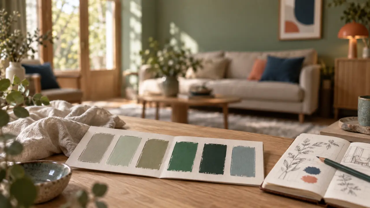Nuance vert : échantillons sauge, kaki, émeraude et sapin en intérieur