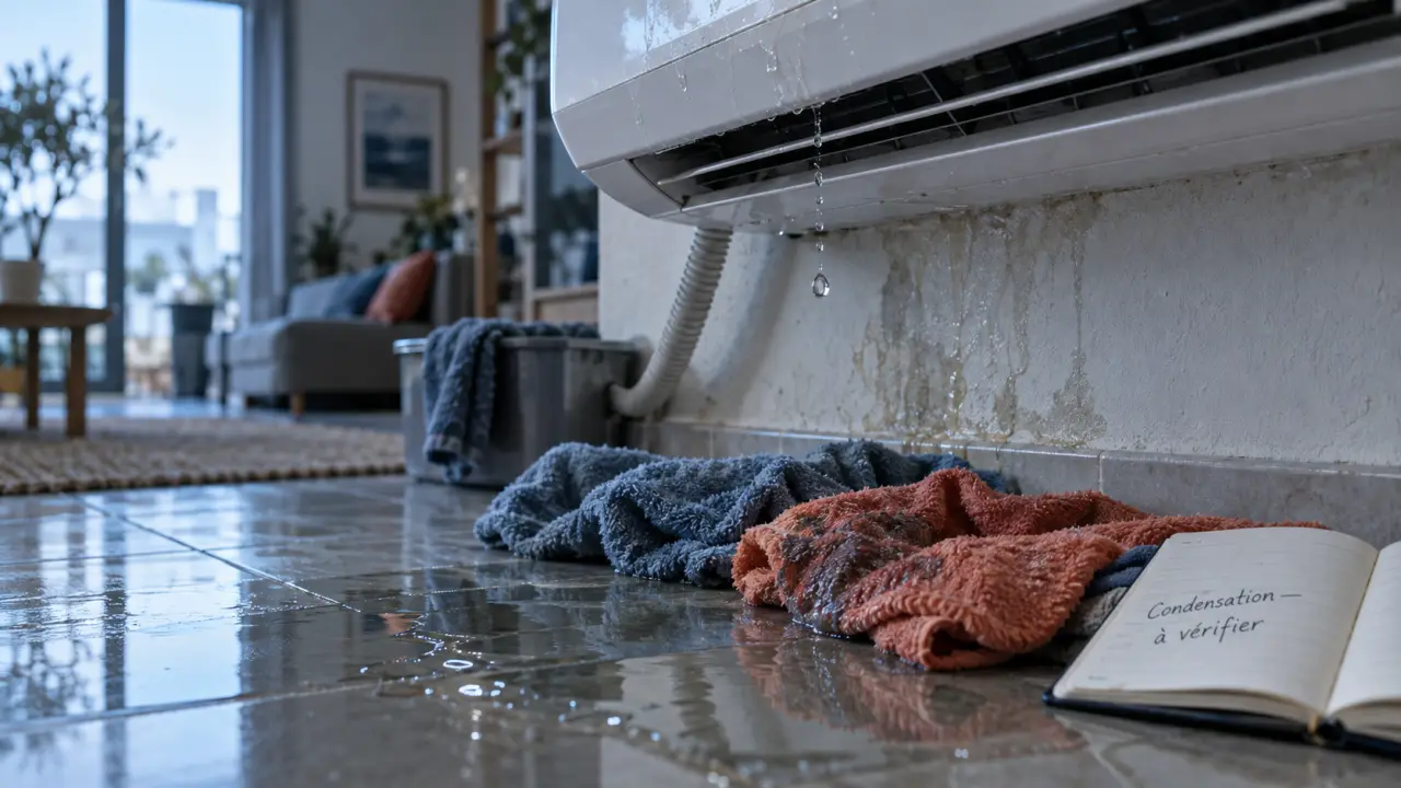 Clim qui coule : traces de condensation et eau au sol